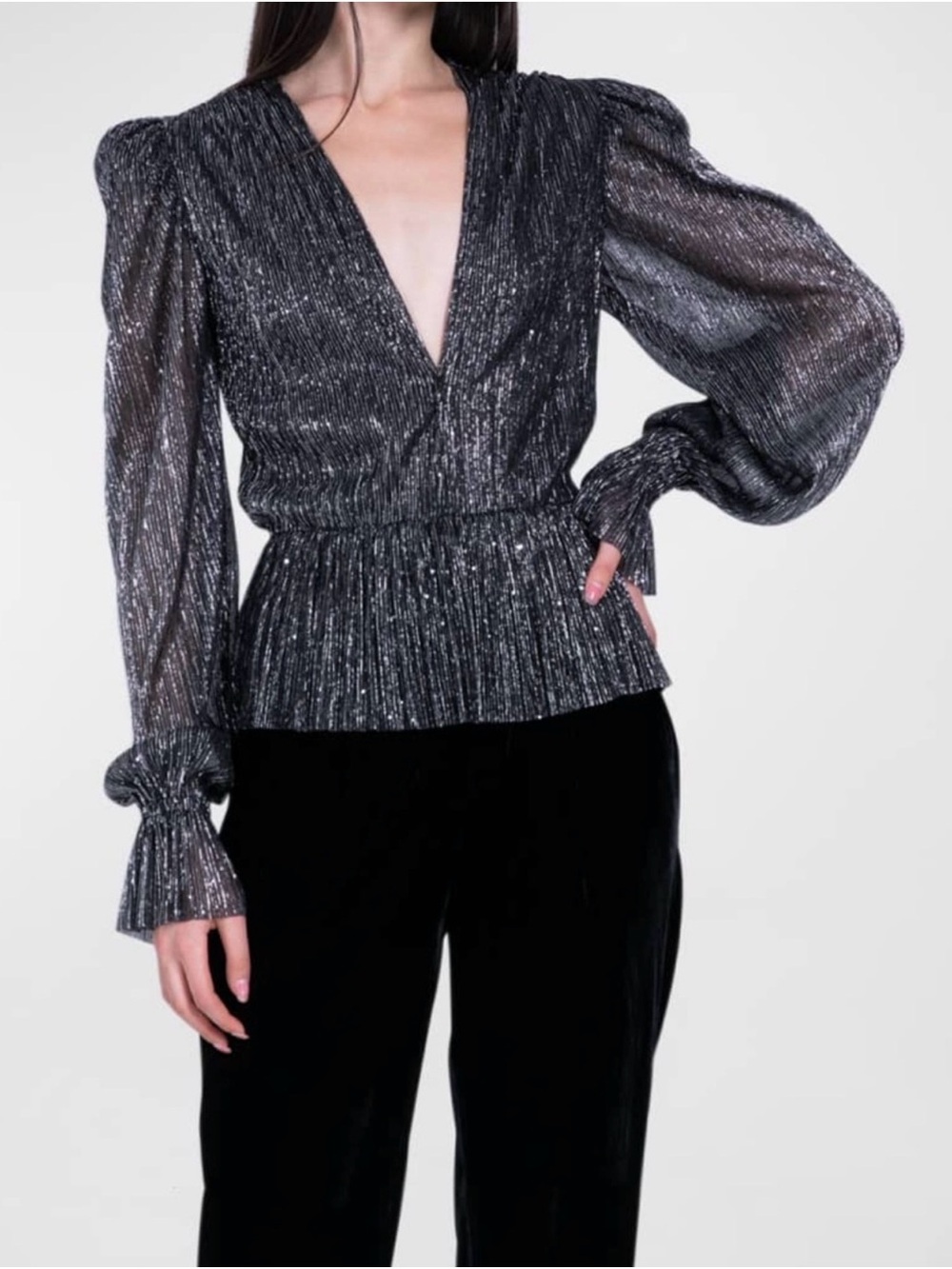 Sabina Musayev Silver Metallic V-Neck Peplum Blouse